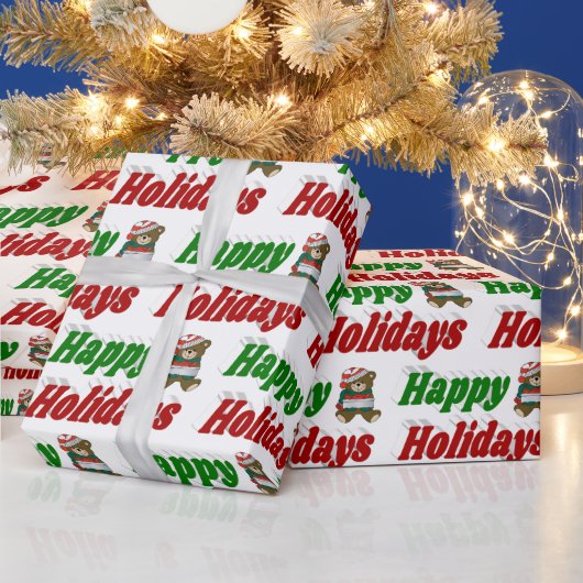 Happy Holidays Teddy Bear Weihnachtstypografie Geschenkpapier (Feiertage)