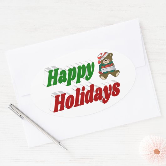Happy Holidays Teddy Bear Weihnachtstypografie Ovaler Aufkleber (Umschlag)