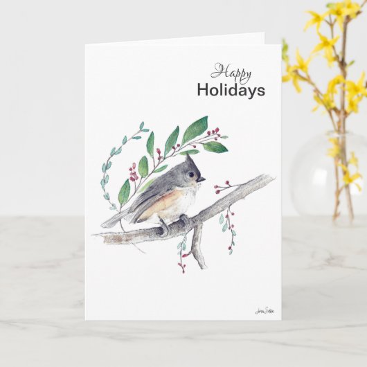 Happy Holidays Titmouse Bird Card Karte (Gelbe Blume)
