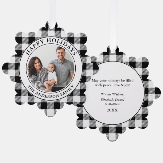 Happy Holidays Trendy Black and White Kariert Ornament Karte (Vorderseite/Rückseite)