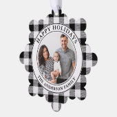 Happy Holidays Trendy Black and White Kariert Ornament Karte (Linke Ecke)