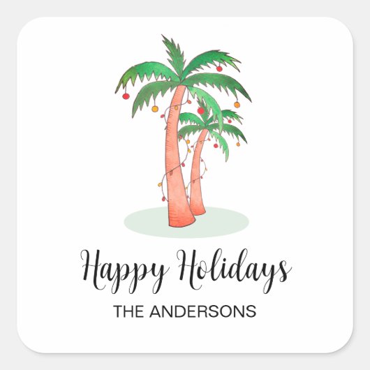 Happy Holidays Tropical Palm Tree Square Sticker (Vorderseite)