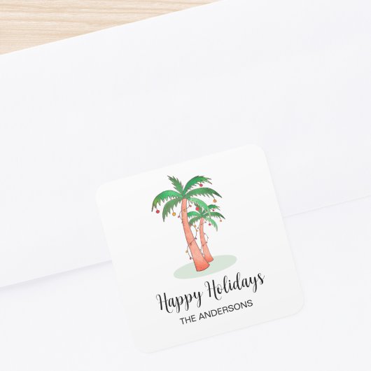 Happy Holidays Tropical Palm Tree Square Sticker