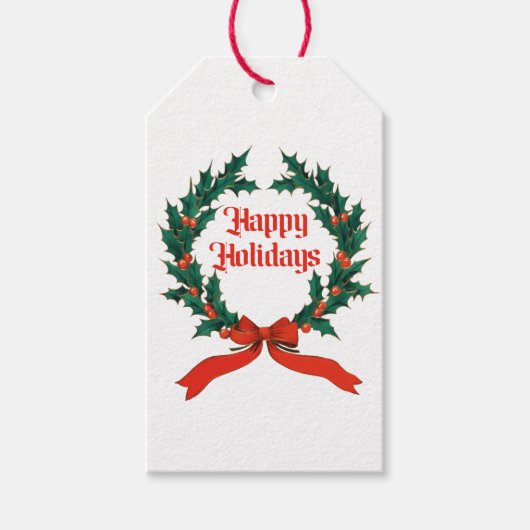 Happy Holidays Vintag Heiliger Weihnachtskranz Geschenkanhänger (Vorderseite)