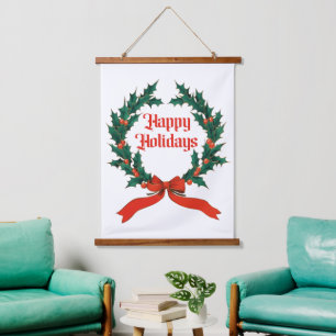 Happy Holidays Vintag Heiliger Weihnachtskranz Wandteppich Mit Holzrahmen