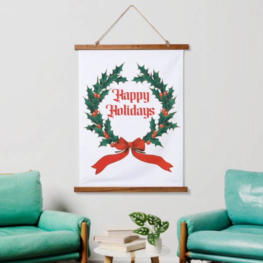 Happy Holidays Vintag Heiliger Weihnachtskranz Wandteppich Mit Holzrahmen (Wohnzimmer)