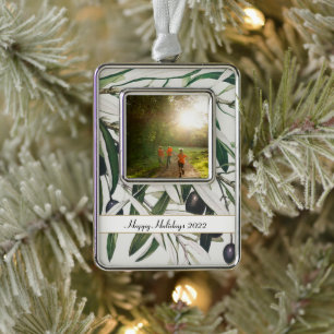 Happy Holidays Vintag Olive Branch Foto Rahmen-Ornament Silber