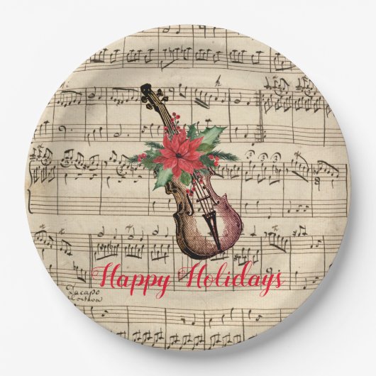 Happy Holidays Vintag Violin and Sheet Music Pappteller (Vorderseite)