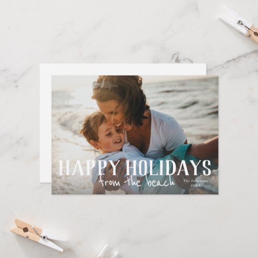 Happy Holidays vom Strand Foto Ferienkarte Karte (Vorderseite/Rückseite Beispiel)