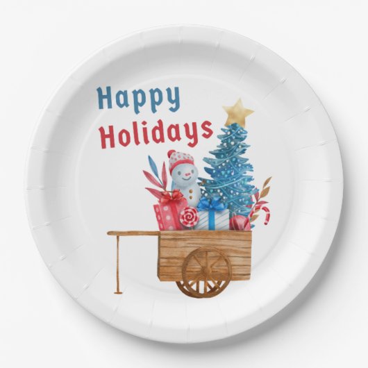 Happy Holidays Wagon mit Snowman Pappteller (Vorderseite)