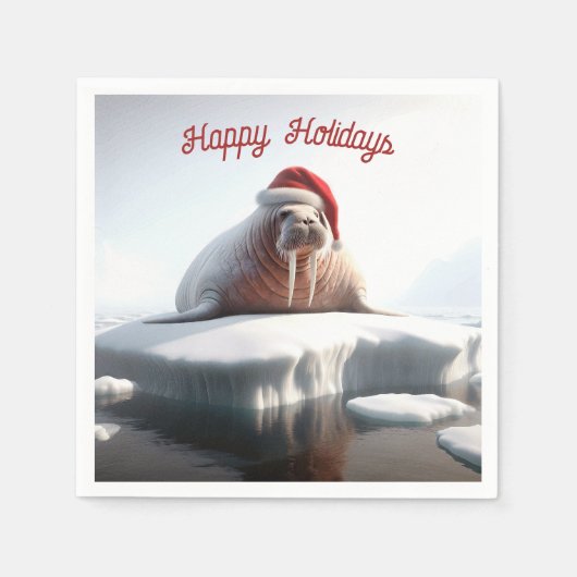 Happy Holidays Walrus Tragen einer Weihnachtsmannm Serviette (Vorderseite)