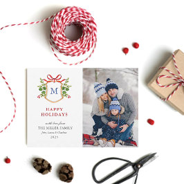 Happy Holidays Wappen mit Grünpflanzen Monogram Fo Feiertagskarte