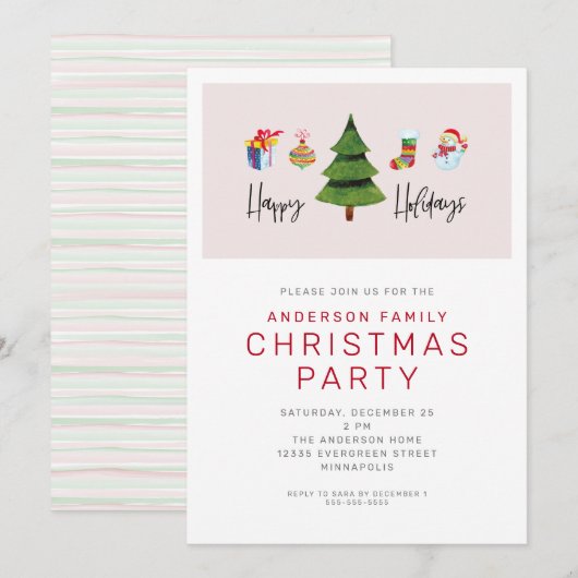 Happy Holidays Wassercolor Niedliches Weihnachtsfe Einladung (Vorne/Hinten)