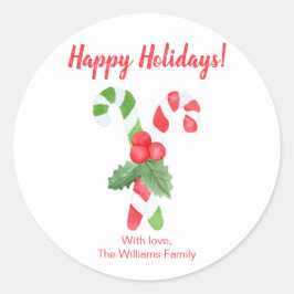 Happy Holidays | Wasserfarbe Candy Cane Weihnachte Runder Aufkleber