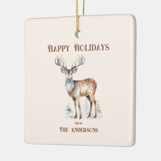 Happy Holidays Wasserfarbener Rentier Personalisie Keramikornament (Links)