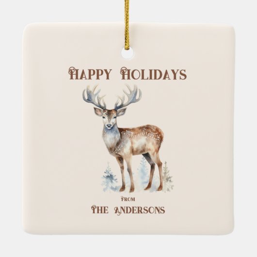 Happy Holidays Wasserfarbener Rentier Personalisie Keramikornament (Rückseite)