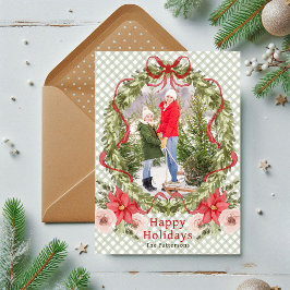 Happy Holidays Watercolor Floral Bow Family Foto Feiertagskarte