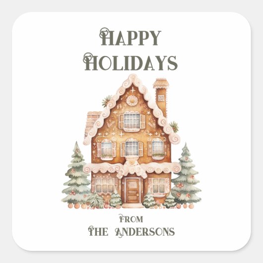 Happy Holidays Watercolor House Personalized  Quadratischer Aufkleber (Vorderseite)