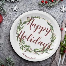 Happy Holidays Watercolor Pine Wreath Pappteller