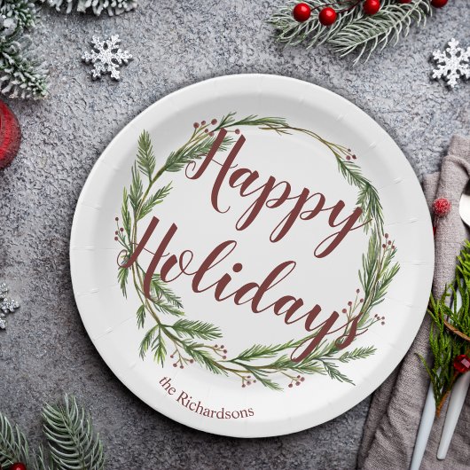 Happy Holidays Watercolor Pine Wreath Pappteller