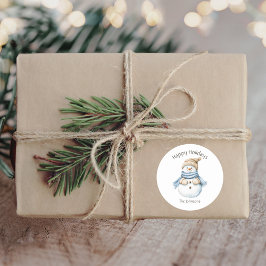 Happy Holidays Watercolor Snowman Name Runder Aufkleber