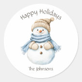 Happy Holidays Watercolor Snowman Name Runder Aufkleber (Vorderseite)