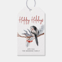 Happy Holidays Watercolor Winter Bird Red Gift Tag