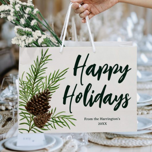Happy Holidays Watercolor Winter Pine Ivory Große Geschenktüte