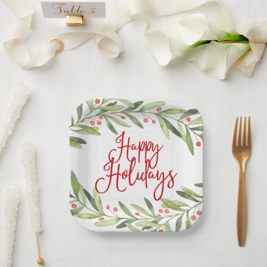 Happy Holidays Watercolor Wraath Weihnachtsfest Pappteller (Hochzeit)