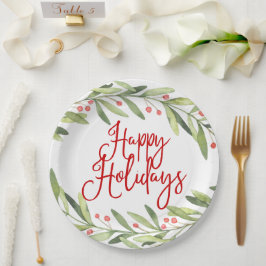Happy Holidays Watercolor Wraath Weihnachtsfest Pappteller