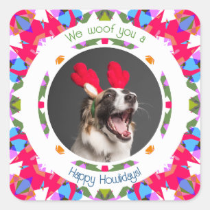 Happy Holidays Weihnachten Foto Pun Dog Vater Mum  Quadratischer Aufkleber