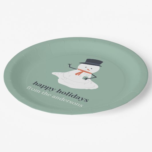 Happy Holidays Weihnachten Melting Snowman Niedlic Pappteller (Schrägansicht)