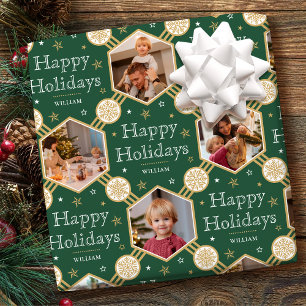 Happy Holidays Weihnachten Snowflake Foto Grün Geschenkpapier