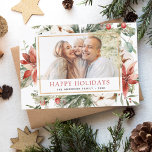 Happy Holidays Weihnachtsgrün Foto Holiday Ca Feiertagskarte<br><div class="desc">Rustikaler Winter Frohe Weihnachtsfamilie oder Business-Foto-Card mit Holiday Floral Weiße Blume,  Grün und Red Poinsettia Blume mit einem einfachen Hintergrund.</div>