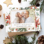 Happy Holidays Weihnachtsgrün Foto Holiday Ca Feiertagskarte<br><div class="desc">Rustikaler Winter Frohe Weihnachtsfamilie oder Business-Foto-Card mit Holiday Floral Weiße Blume,  Grün und Red Poinsettia Blume mit einem einfachen Hintergrund.</div>