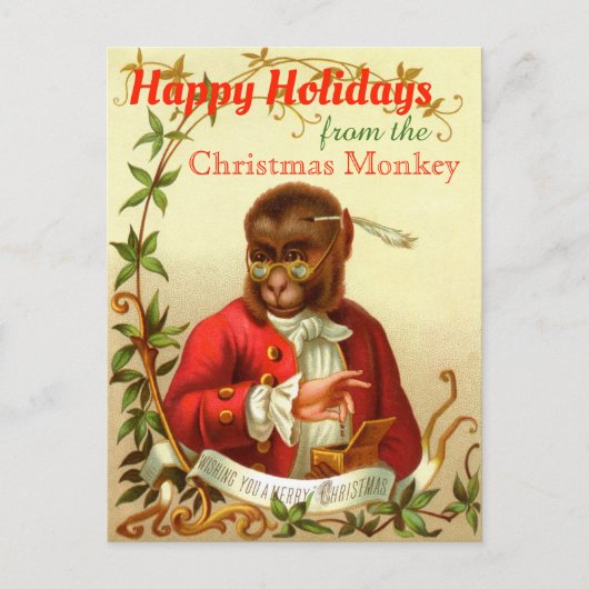 Happy Holidays Weihnachtsmonkey Funny Vintag Feiertagspostkarte (Vorderseite)
