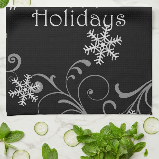 Happy Holidays Weiße Schneeflocken auf schwarz Handtuch (Gefaltet)