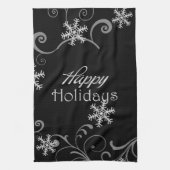 Happy Holidays Weiße Schneeflocken auf schwarz Handtuch (Vertikal)