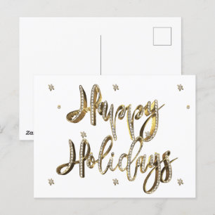 Happy Holidays White Diamonds Gold Script Chic Feiertagspostkarte