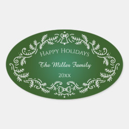 Happy Holidays White Festive Frame on Green Ovaler Aufkleber