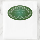 Happy Holidays White Festive Frame on Green Ovaler Aufkleber (Tasche)