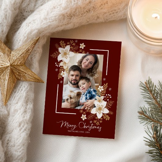 Happy Holidays White Floral Weihnachten Foto Postkarte