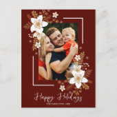 Happy Holidays White Floral Weihnachten Foto Postkarte (Vorderseite)