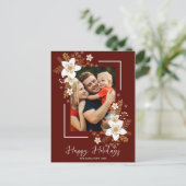 Happy Holidays White Floral Weihnachten Foto Postkarte (Stehend Vorderseite)
