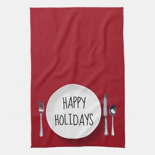 Happy Holidays White Plate und Silverware Geschirrtuch (Vertikal)
