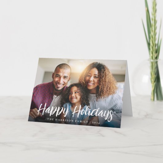 Happy Holidays White Script Foto Weihnachten (Vorderseite)