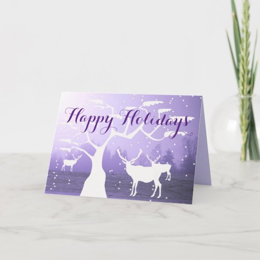 Happy Holidays White Tree/Deer Silhouette Card Karte (Vorderseite)