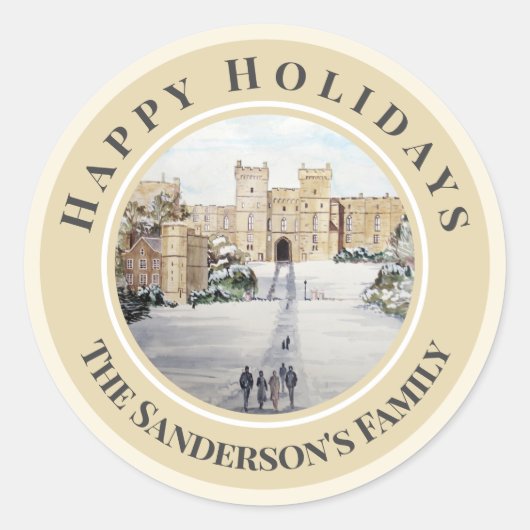 Happy Holidays Winter am Windsor Burg Malerei Runder Aufkleber (Vorderseite)