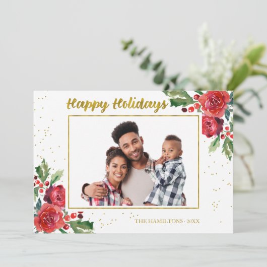 Happy Holidays Winter Blume Weihnachten Foto Einladung (Stehend Vorderseite)