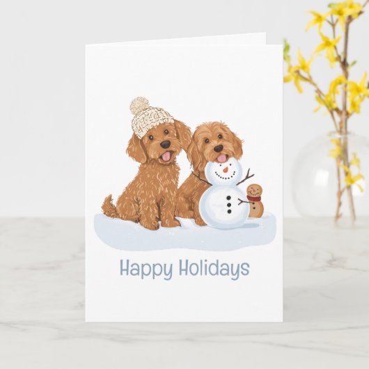 Happy Holidays Winter Goldendoodle Dog Snowman Karte (Gelbe Blume)
